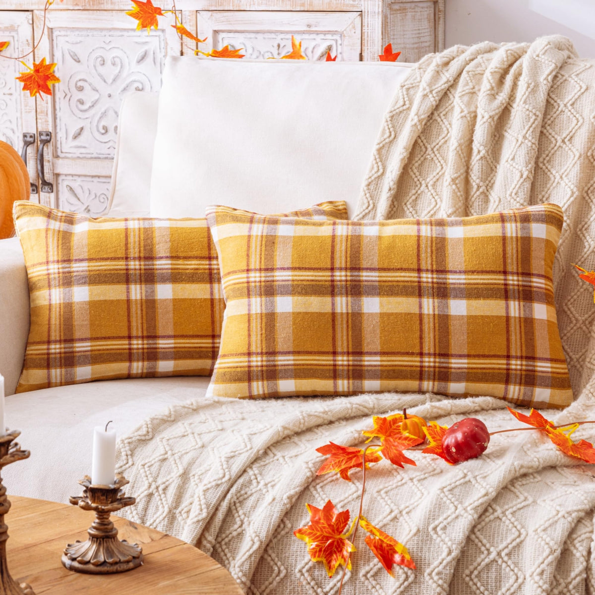 AQOTHES Fall Plaid Orange Throw Pillow Covers 18x18 Inch Set of 2