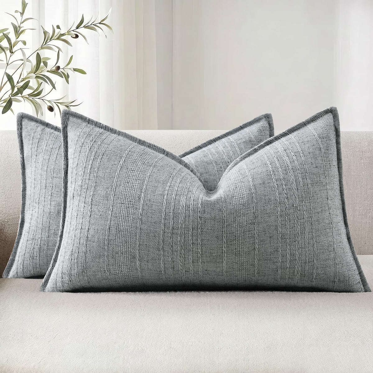 decorUhome Sage Green Textured Linen Throw Pillow Covers 18x18 Set of 2