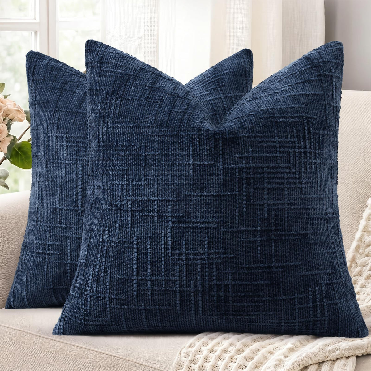 decorUhome Textured Chenille Throw Pillow Covers 18x18 Set of 2 Ivory