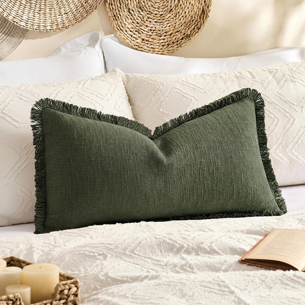 Kevin Textile Boho Tassel 12x20 Inch Lumbar Pillow Cover 1 Pack, Green