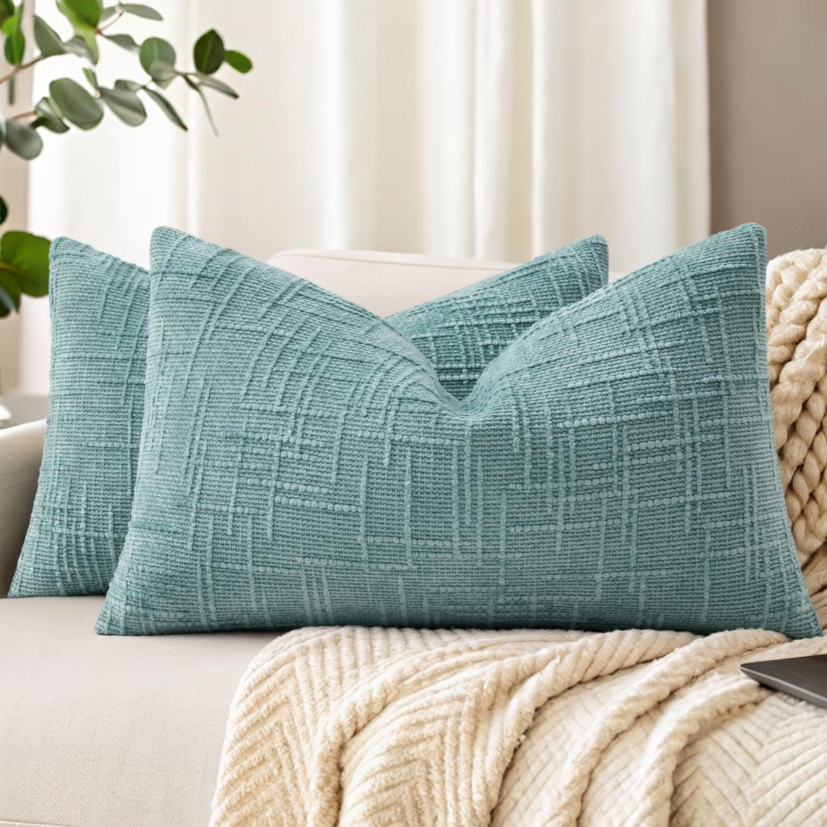 decorUhome Textured Chenille Throw Pillow Covers 18x18 Set of 2 Ivory