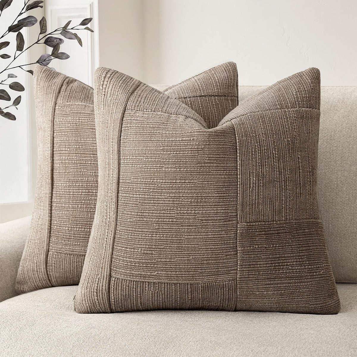 Foindtower Set of 2 Decorative Patchwork Chenille Throw Pillow Covers Textured Modern Vintage Cushion Cover Neutral Boho Accent Home Decor for Sofa Chair Couch Bed Living Room,20×20 Inch,Taupe Gray