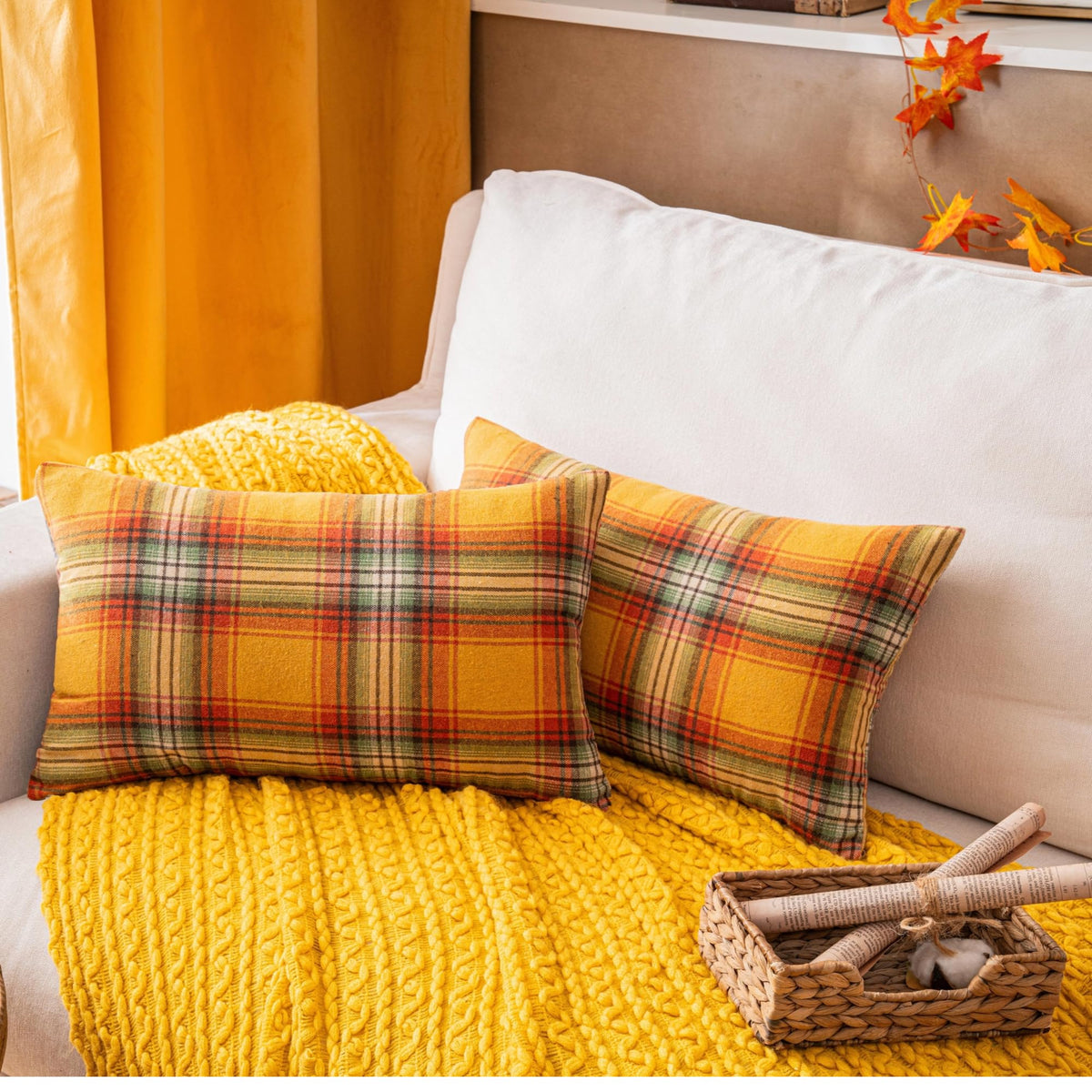 AQOTHES Fall Plaid Orange Throw Pillow Covers 18x18 Inch Set of 2