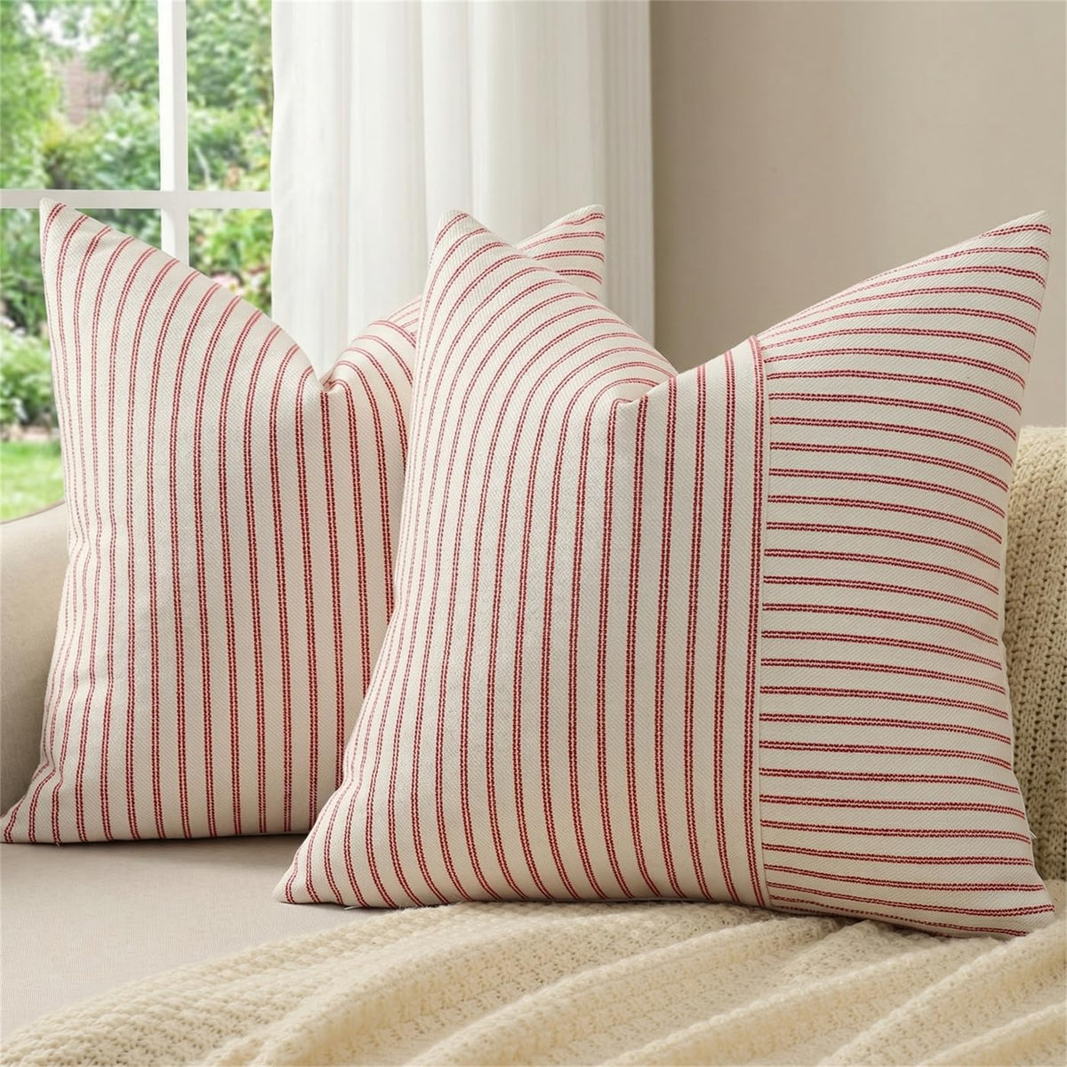 YCOLL Farmhouse Pillow Covers 18x18, Modern Accent Square Throw Pillow Covers Set of 2, Gray and Beige Striped Patchwork Linen Decorative Pillows Cushion Covers for Couch Chair Bedroom Home Decor