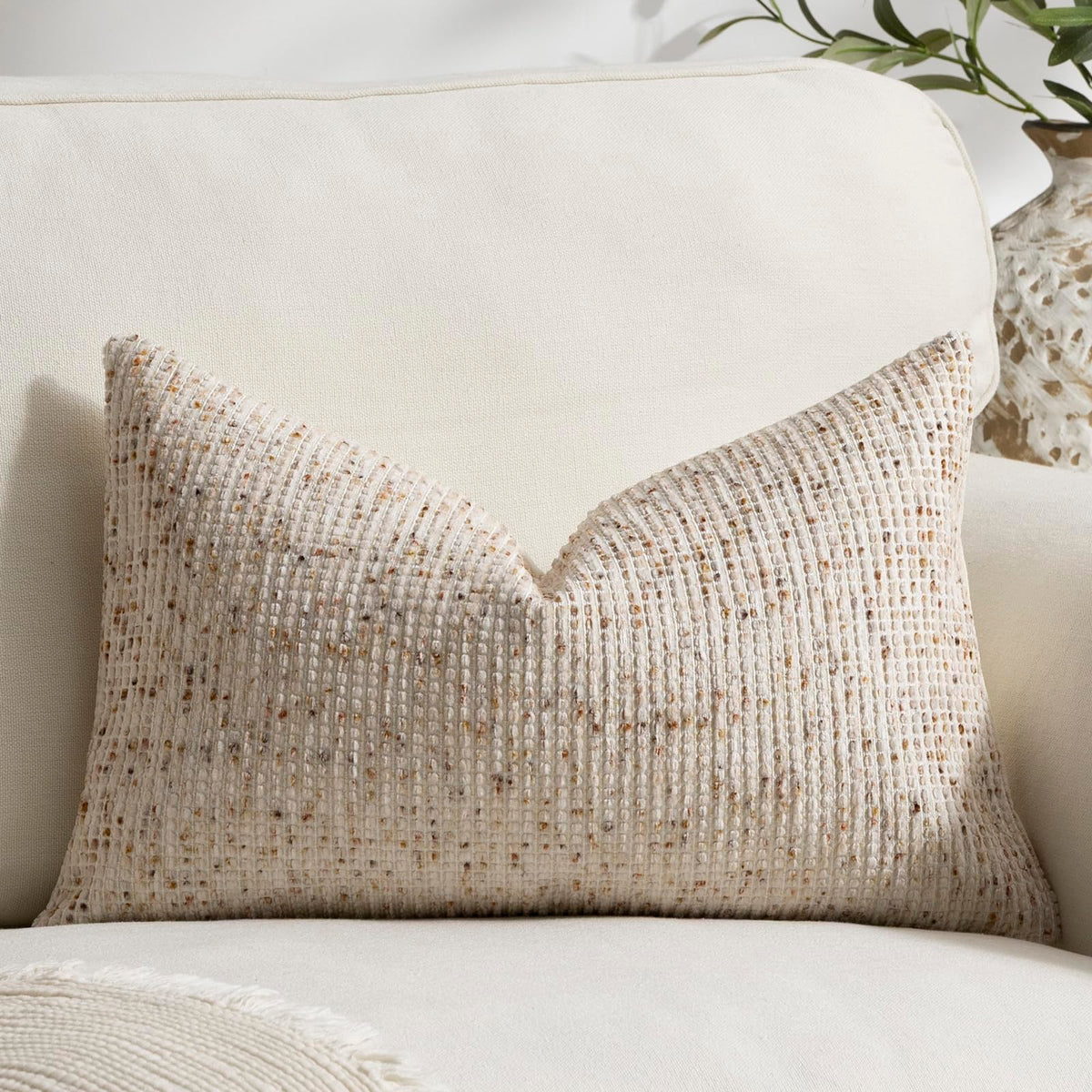 Pack of 2 Neutral Throw Pillow Covers 18x18 Boho Textured Dots Stripe Chenille Square Decorative Pillow Cases Accents for Living Room Couch Bed Farmhouse Home Decor, Taupe