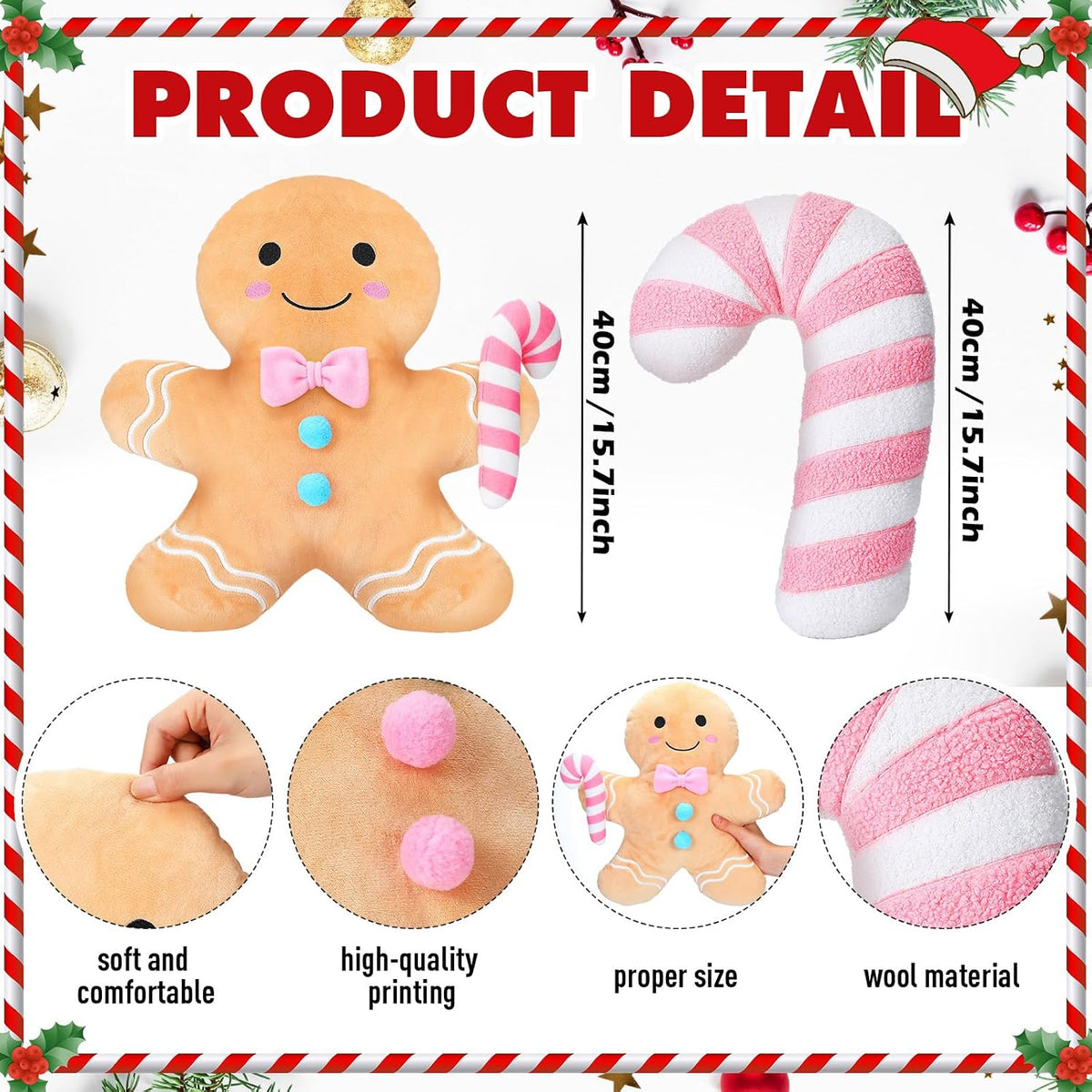 Yalikop 2 Pcs Christmas Gingerbread Cane Plush Pillows, Pastel