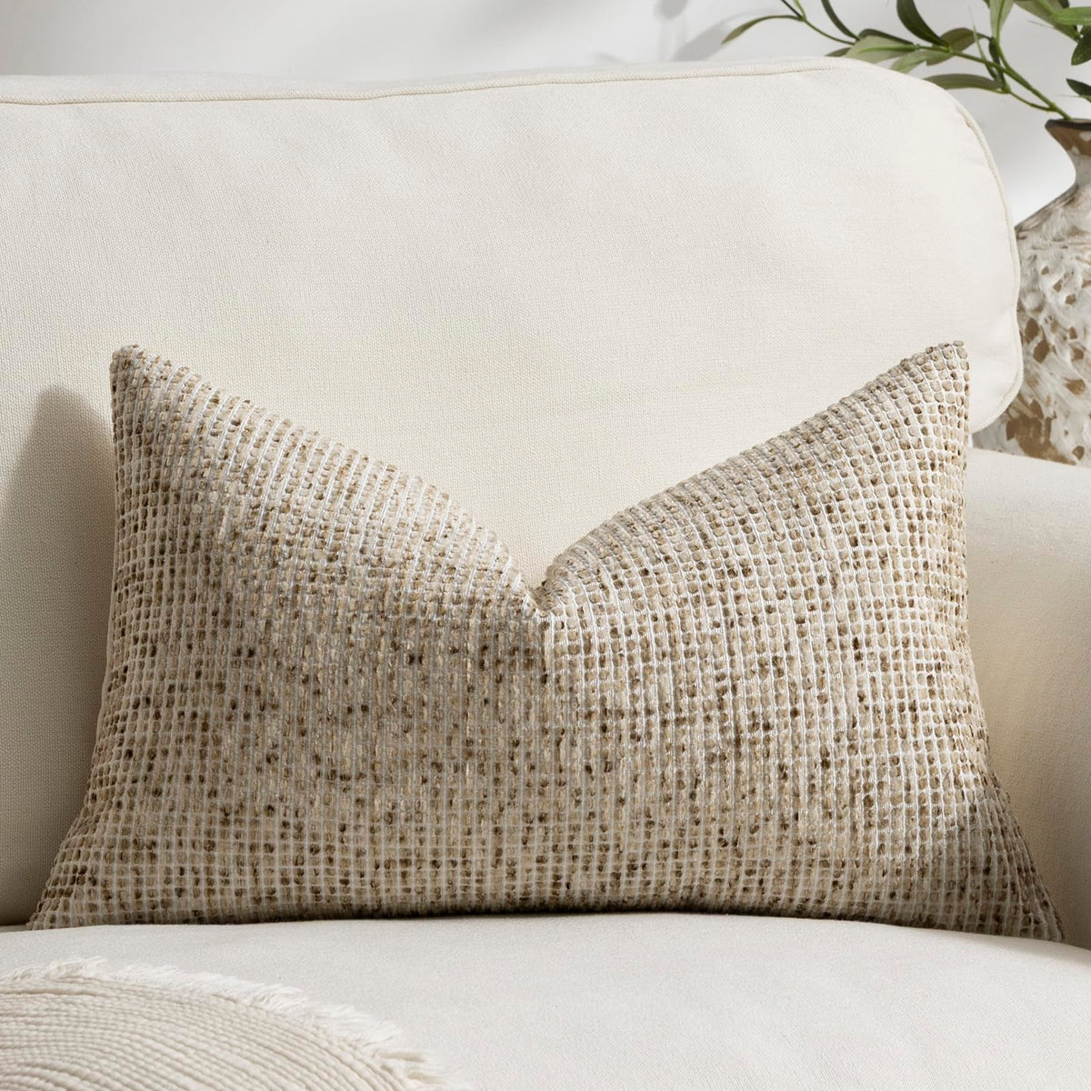 Pack of 2 Neutral Throw Pillow Covers 18x18 Boho Textured Dots Stripe Chenille Square Decorative Pillow Cases Accents for Living Room Couch Bed Farmhouse Home Decor, Taupe