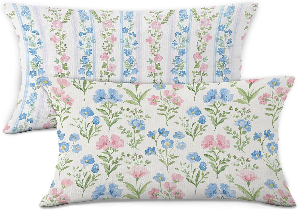 Preppy Pink and Blue Floral Throw Pillow Covers Set of 2