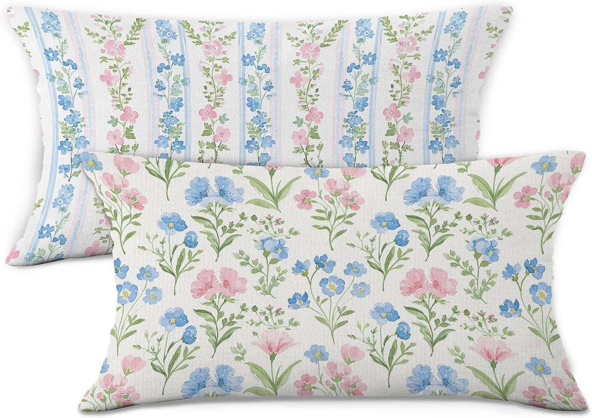 Preppy Pink and Blue Floral Throw Pillow Covers Set of 2