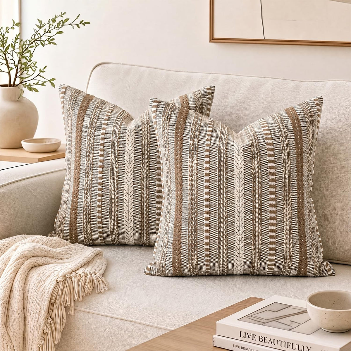 AVOIN colorlife Black Boho Decorative Throw Pillow Covers Set of 2, 18 x 18 Inch Woven Stripe Textured Rustic Cushion Case Home Decor for Living Room Couch Sofa
