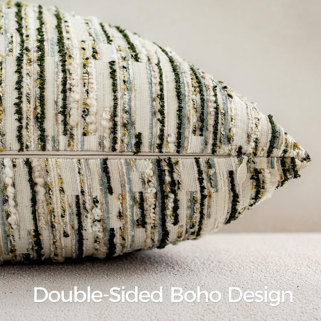 Boho Striped Decorative Throw Pillow Covers 20"X20" Set of 2,Moss Green