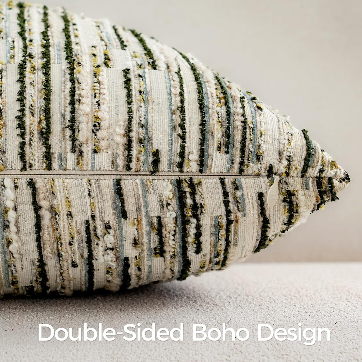 Boho Striped Decorative Throw Pillow Covers 20"X20" Set of 2,Moss Green