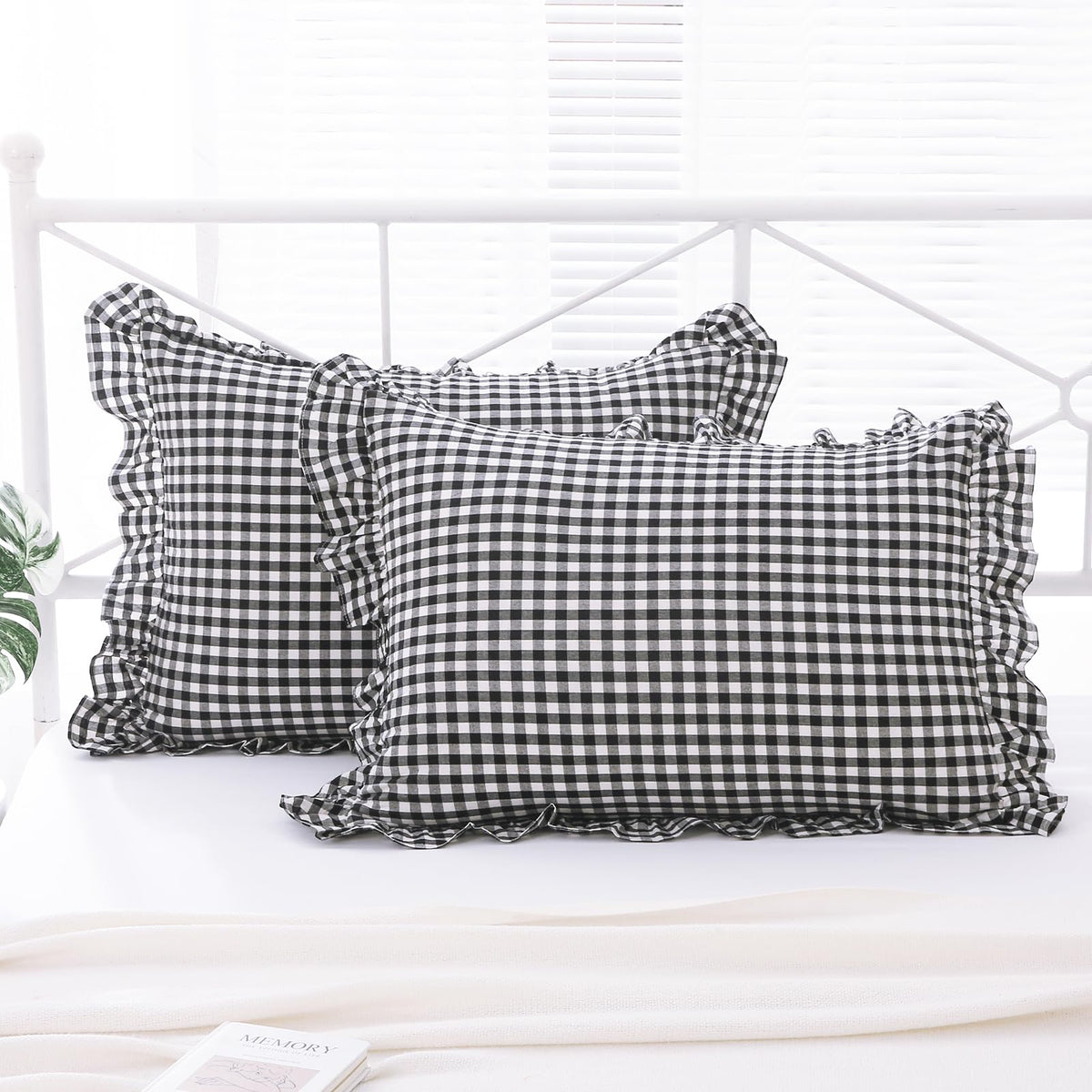2 Pack Taupe White Gingham Ruffle Throw Pillow Covers 18''x18''