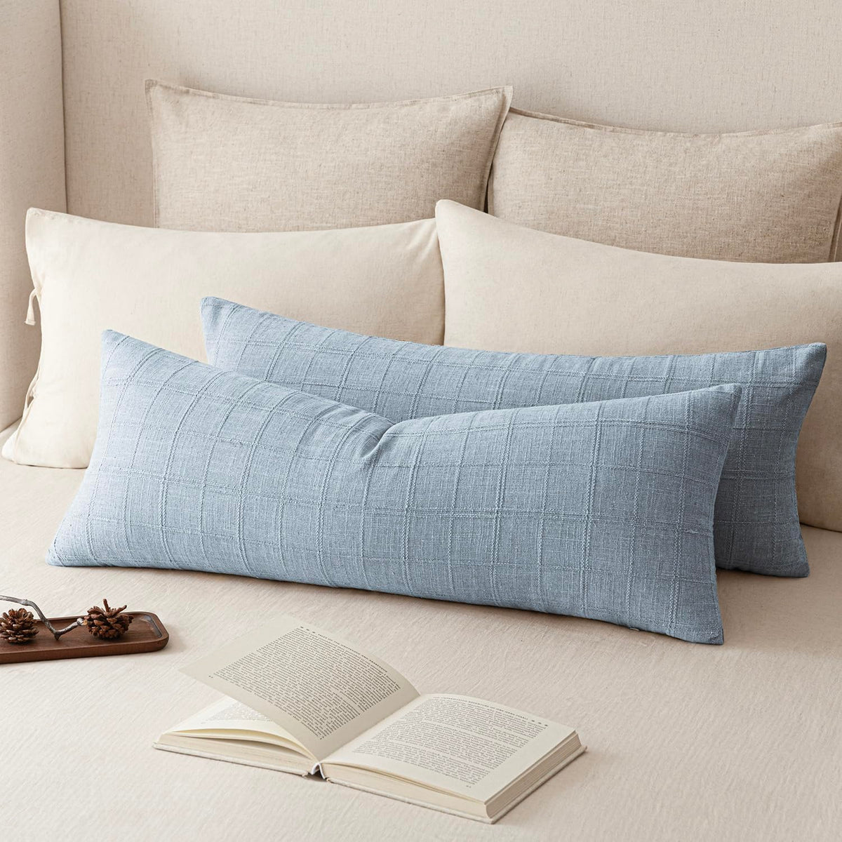 Foindtower Linen Check Decorative Throw Pillow Covers 18×18 Natural Beige