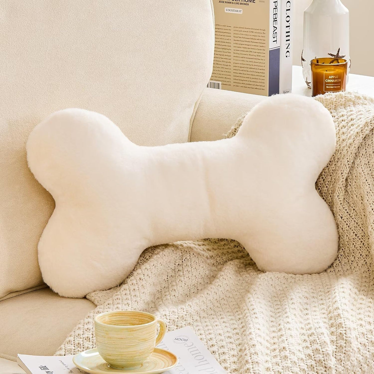XVTRU Bone Pillow Cute Decorative Throw Pillow Bone Shaped Pillows for Aesthetic Home Decorative Cushion Pet Plush Pillow for Bed Sofa Couch (Ivory, 15 Inch)