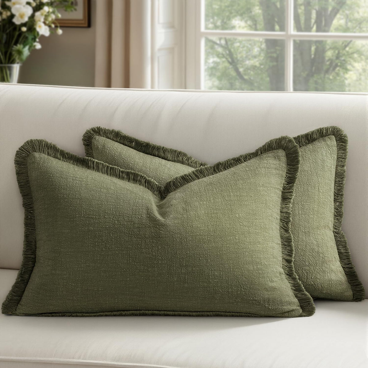 Linen Fringe Throw Pillow Covers 20x20 Inch Set of 2,Navy Blue