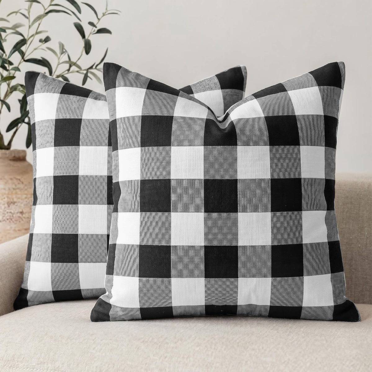 Farmhouse Brown Gingham Checkered Plaid Throw Pillow Covers 20x20 Set of 2