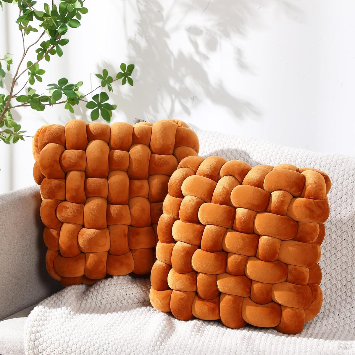 Wenqik 2 Pcs Knot Pillows Square Throw Pillow, Caramel, Crystal Velvet