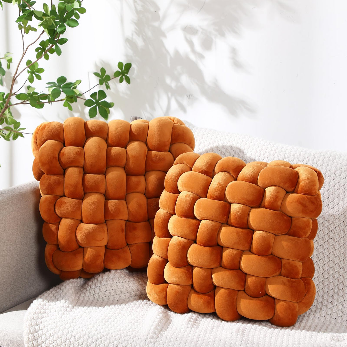 Wenqik 2 Pcs Knot Pillows Square Throw Pillow, Caramel, Crystal Velvet