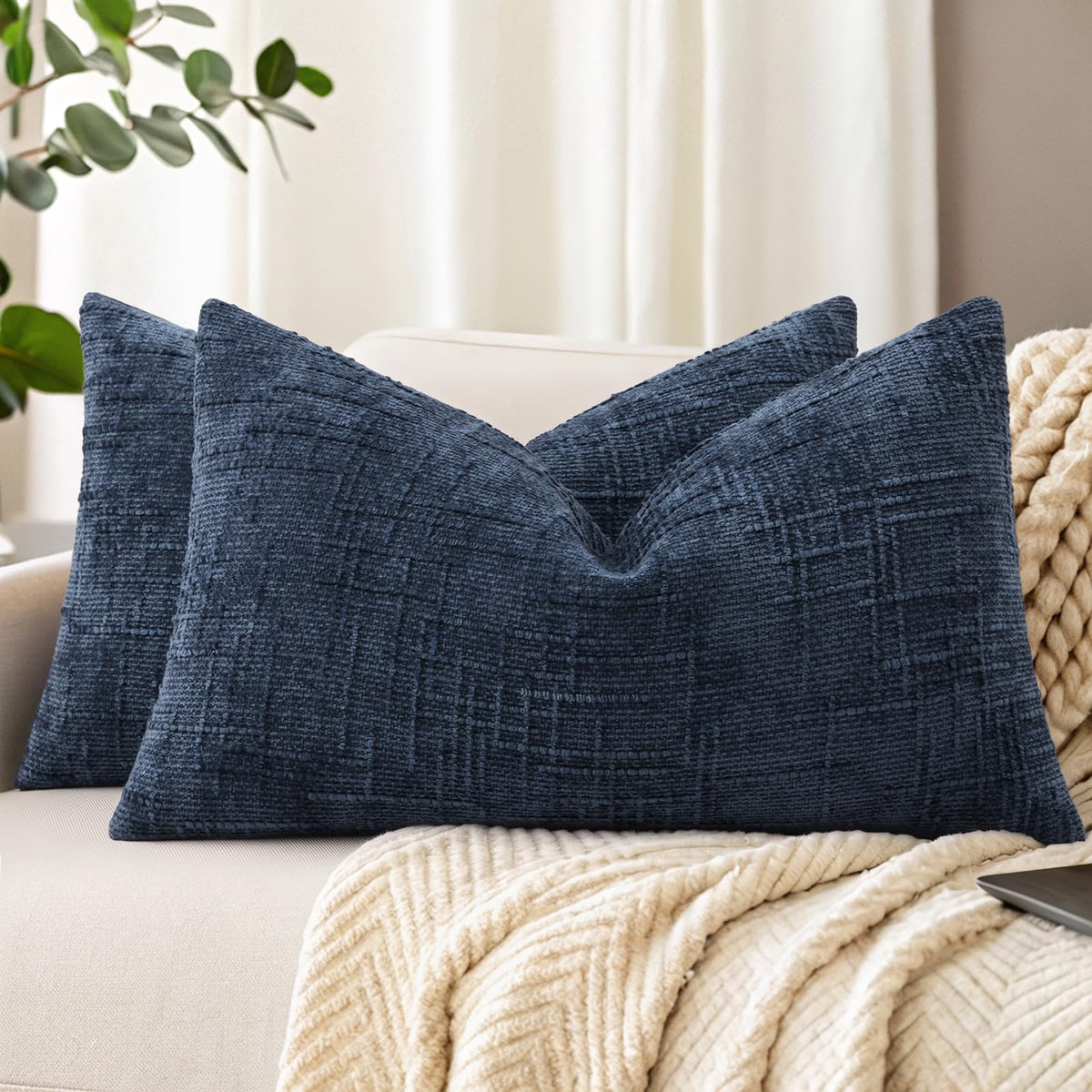decorUhome Textured Chenille Throw Pillow Covers 18x18 Set of 2 Ivory