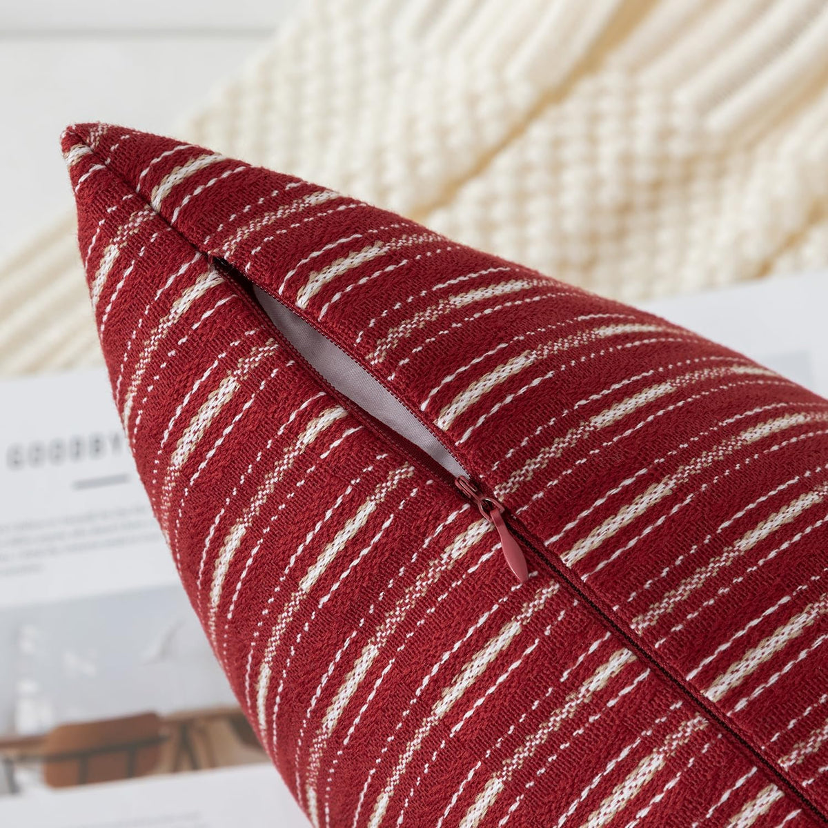 Kevin Textile Valentines Farmhouse Decorative Throw Pillow Covers Boho Woven Texture Burlap Linen Cushion Cover Striped Pillowcase, Wine Red 18 x 18 inches Pack of 2