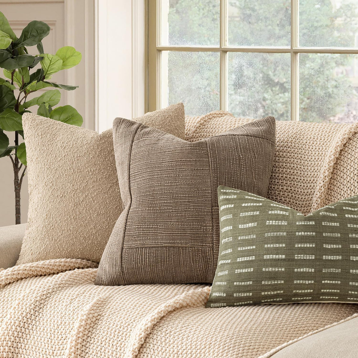 Foindtower Set of 2 Decorative Patchwork Chenille Throw Pillow Covers Textured Modern Vintage Cushion Cover Neutral Boho Accent Home Decor for Sofa Chair Couch Bed Living Room,20×20 Inch,Taupe Gray