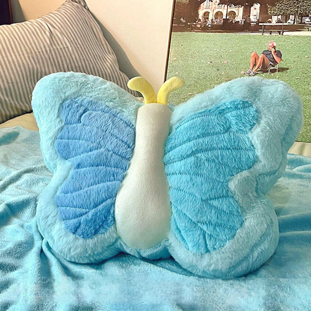 Cute Whimsical Butterfly Pillow Velvet Plush - Pink Decor Accent Cushion for Sofa, Dorm & Living Room, Gift for Throw Pillow Teens Room(Blue)