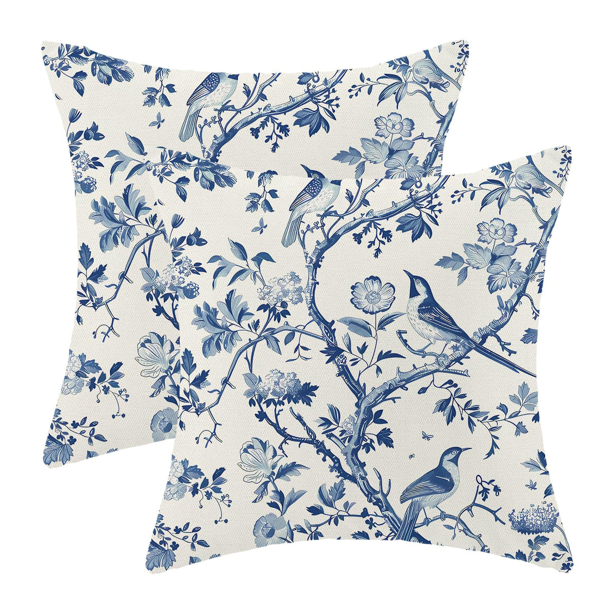 CXMEIFLY Spring Floral Birds Pillow Covers 22 x 22 Inch Set of 2 for Chinoiserie Flowers Decor Throw Pillows Blue and White Plant Outdoor Decorative Cushion Cases for Couch Bed Decorations