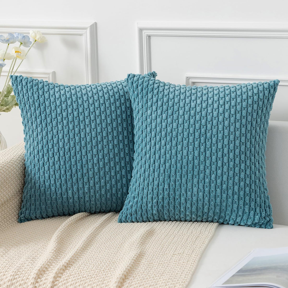 Kevin Textile Soft Corduroy 18x18 Inch Pillow Covers 2 Pack, Dark Green