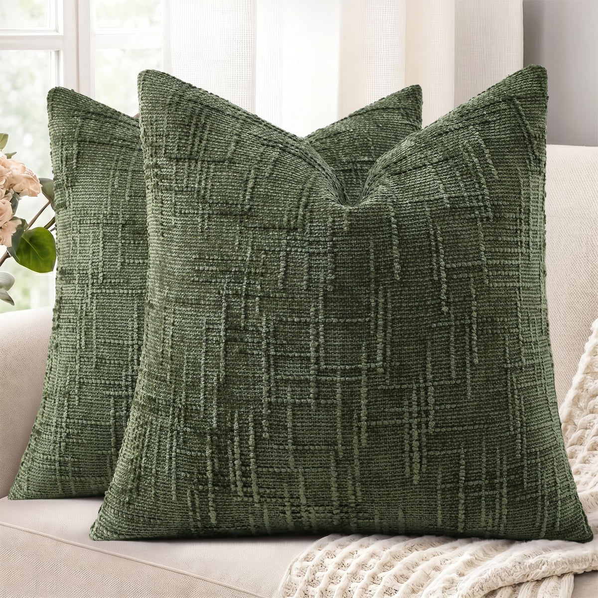 decorUhome Textured Chenille Throw Pillow Covers 18x18 Set of 2 Ivory