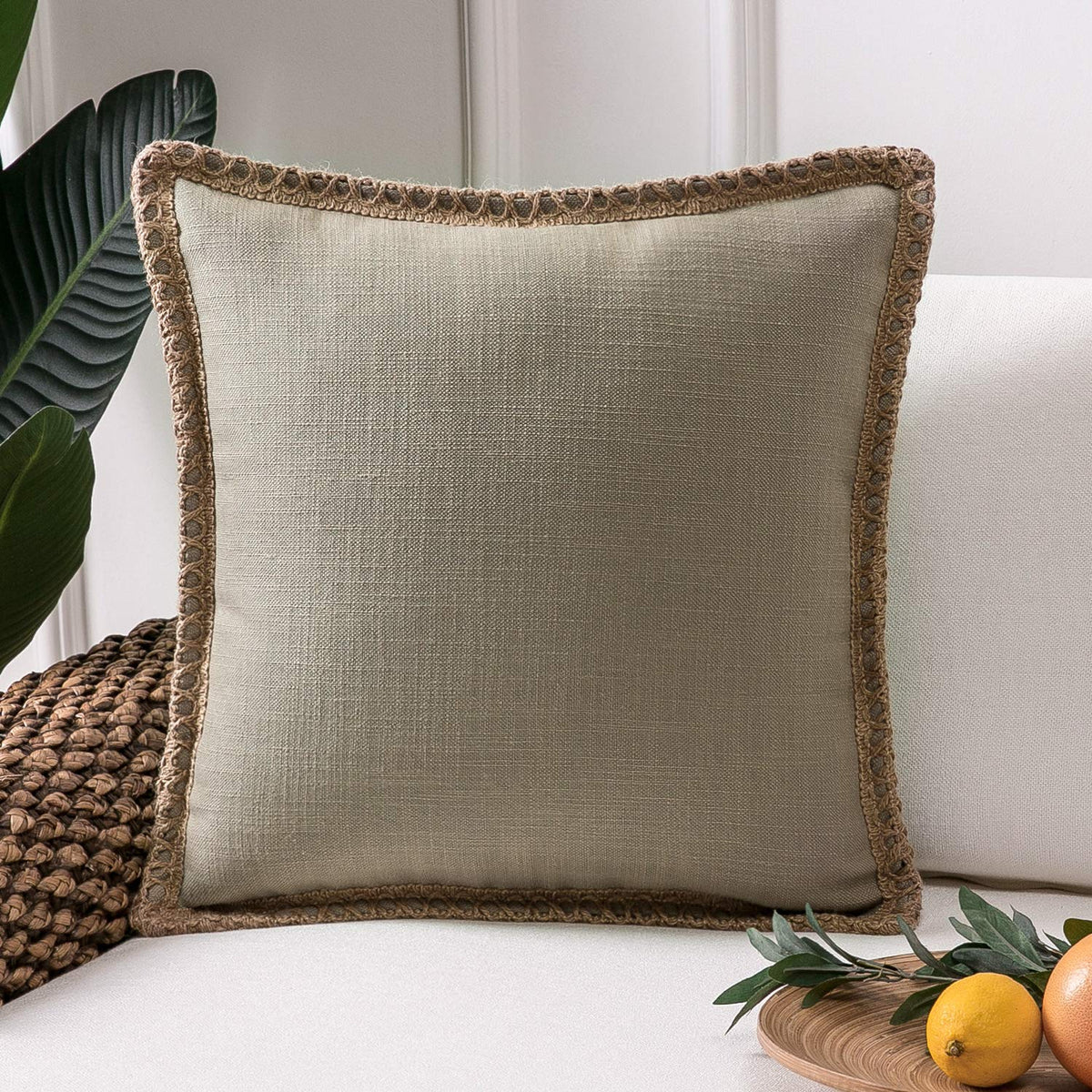 Phantoscope Pack of 2 Coastal Aqua Pillow Covers 18x18, Textured Polyester with Rope Trim, Fade Resistant Vintage Turquoise Blue Decorative Cushion Cases, Hidden Zipper, Farmhouse Boho Beach Decor