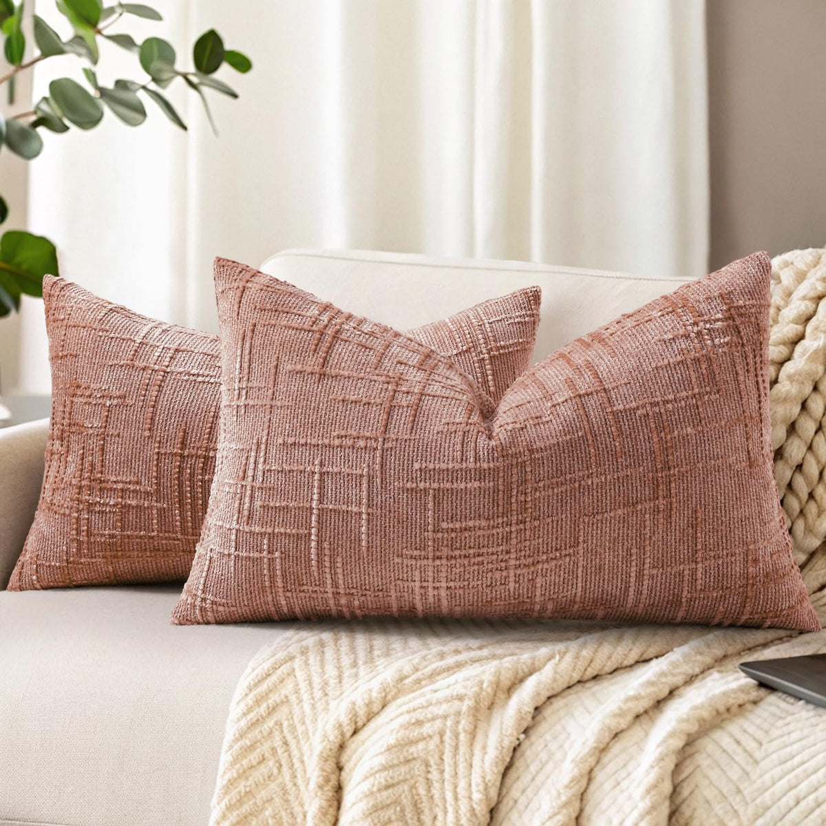 decorUhome Textured Chenille Throw Pillow Covers 18x18 Set of 2 Ivory