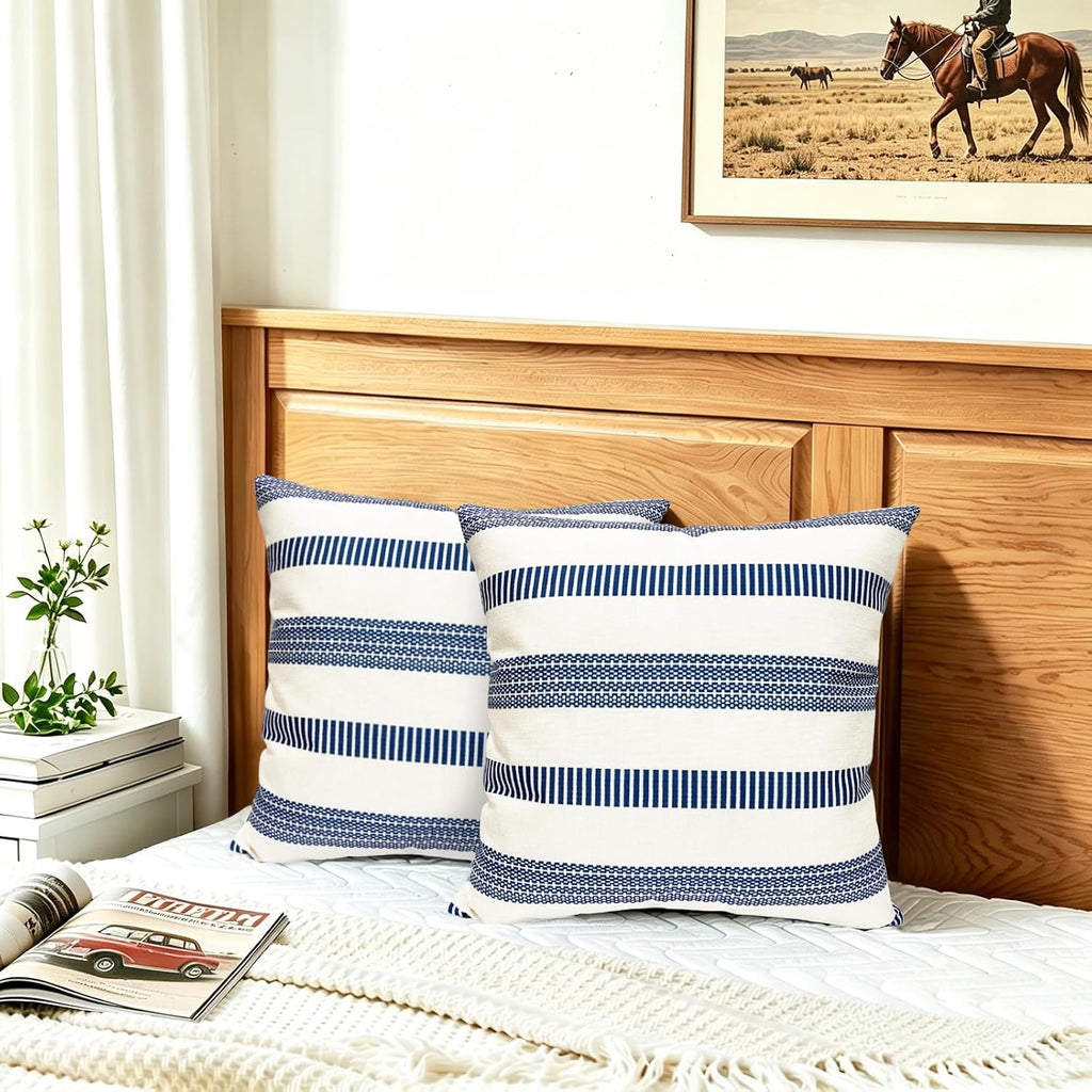 Farmhouse Boho Striped Throw Pillow Covers 18x18 inch Set of 2 Navy Blue