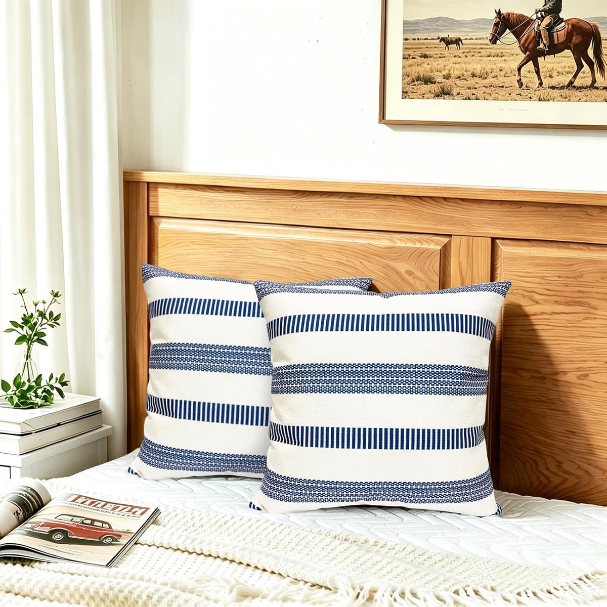 Farmhouse Boho Striped Throw Pillow Covers 18x18 inch Set of 2 Navy Blue