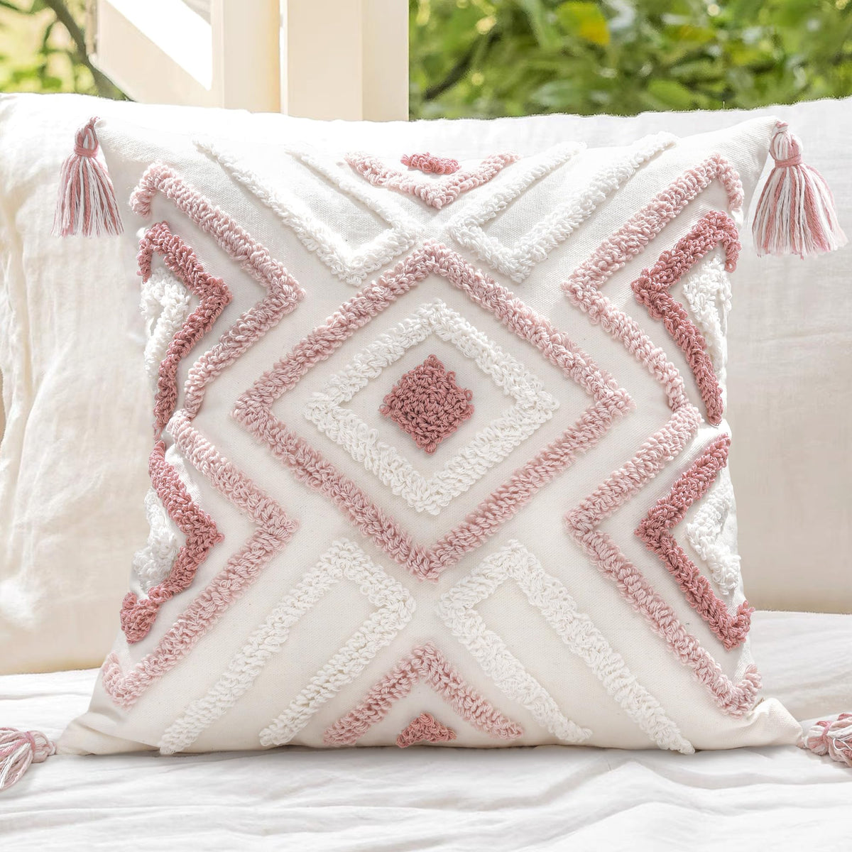Boho Sofa Throw Pillow Covers – Exquisitely Crafted with Hand-Finished Tuft with Thick Cotton Tassel Details – Soft & Stylish Moroccan Decorative, 18x18inch (Spring Ruched)