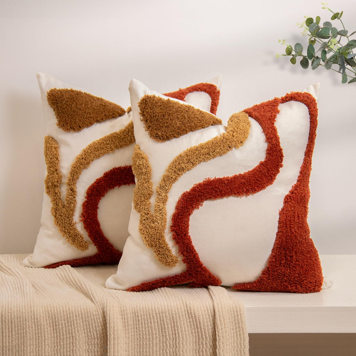 lifein 18x18 Pillow Covers-Throw Pillow Covers Boho Couch Pillows Embroidered Decorative Accent Pillows Mid Century Textured Pillowcases for Couch Sofa Living Room Bed (Olive Green and Cream)