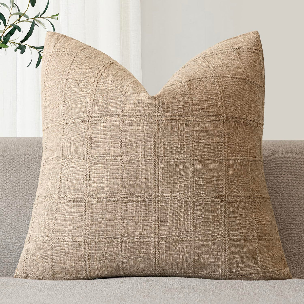 Foindtower Set of 1 Decorative Linen Check Throw Pillow Cover Neutral Farmhouse Lumbar Cushion Cover Modern Boho Home Decor for Sofa Chair Couch Bedroom Living Room,12×20 Inch,Olive Green