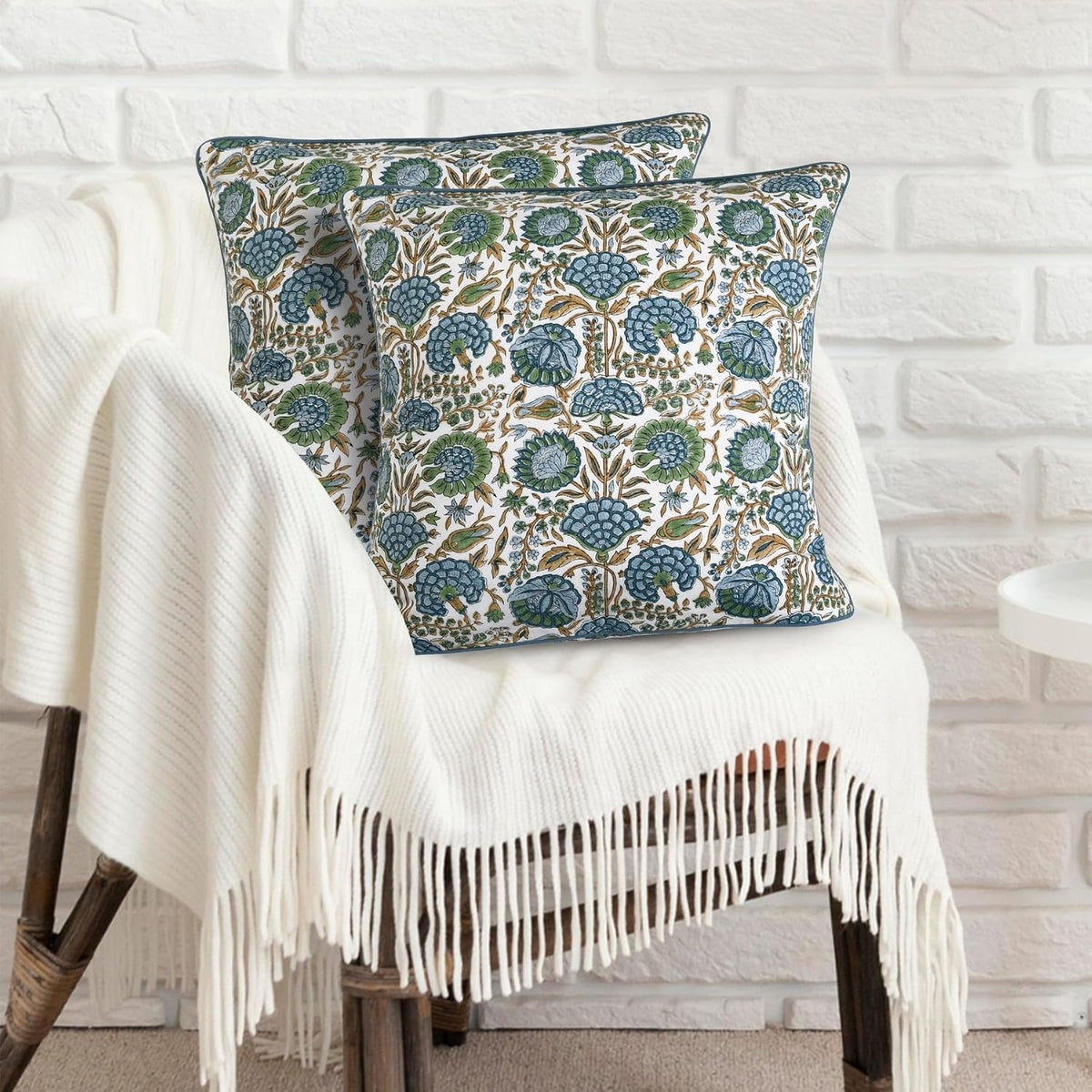 Ridhi Asparagus Green Block Print Cotton Pillow Cover 16x16 Inch Set of 2