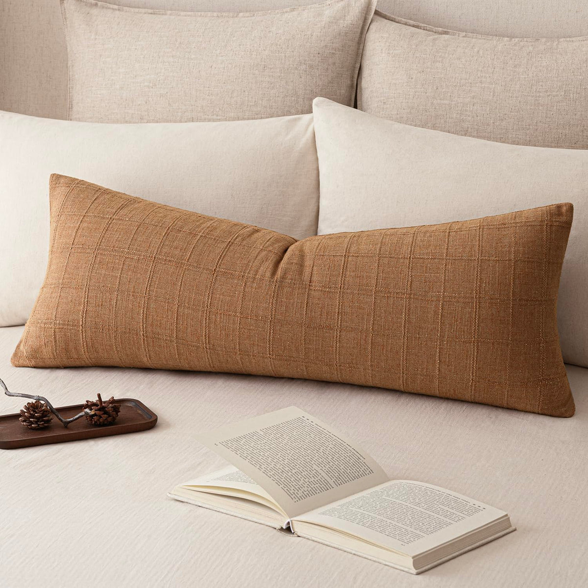 Foindtower Set of 1 Decorative Linen Check Throw Pillow Cover Neutral Farmhouse Lumbar Cushion Cover Modern Boho Home Decor for Sofa Chair Couch Bedroom Living Room,12×20 Inch,Olive Green