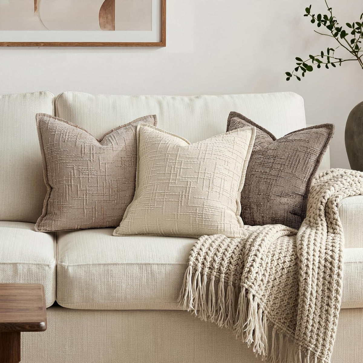 MIULEE Slubby Textured Decorative Throw Pillow Covers Beige 18x18