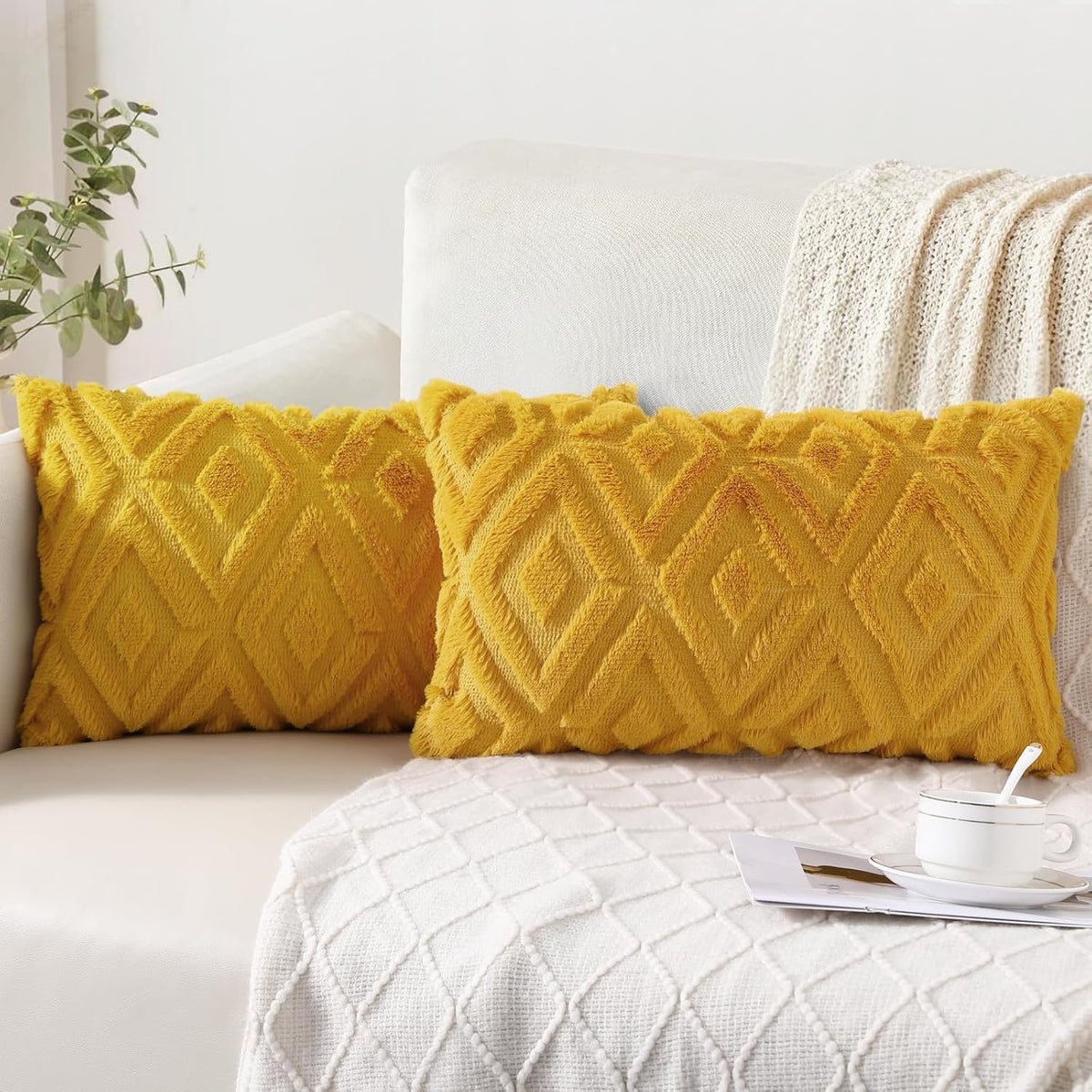 Pallene Fall Cream White Faux Fur Throw Pillow Covers 18x18 Set of 2