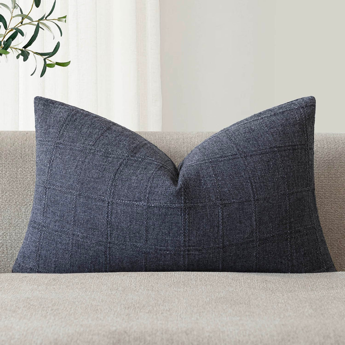 Foindtower Set of 1 Decorative Linen Check Throw Pillow Cover Neutral Farmhouse Lumbar Cushion Cover Modern Boho Home Decor for Sofa Chair Couch Bedroom Living Room,12×20 Inch,Olive Green