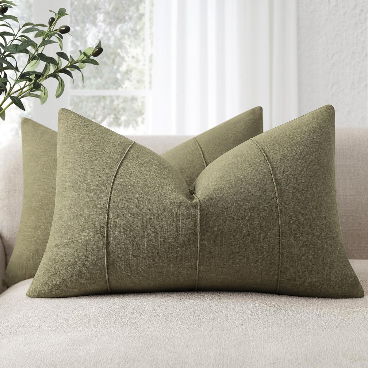Decorative Linen Throw Pillow Covers 18x18 Set of 2 Solid handcrafted Striped Cushion Covers for Bed Soft Modern Farmhouse Neutral Pillowcase for Couch Bedroom Living Room Home Decor(Cream White)