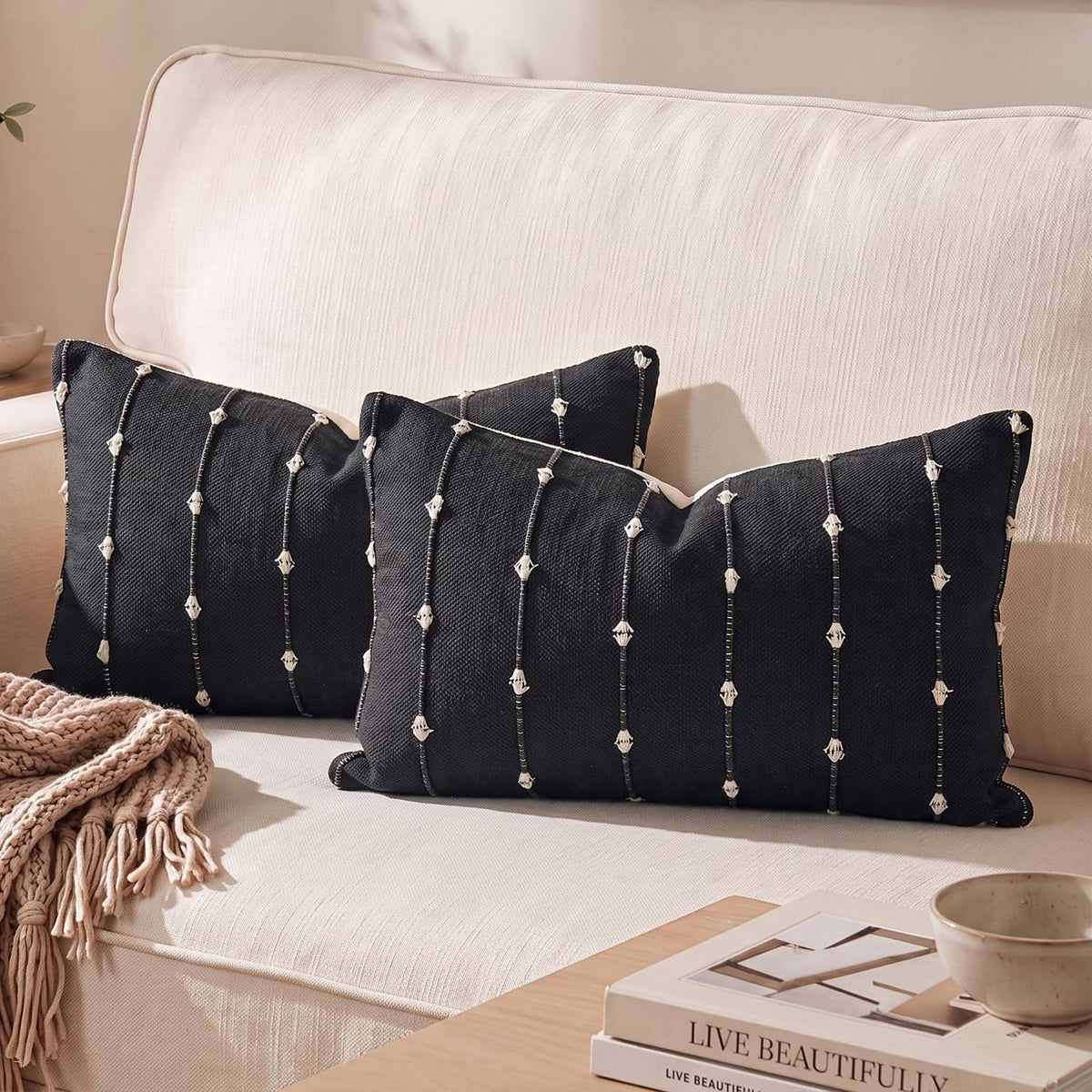 AVOIN colorlife Beige Black Boho Linen Throw Pillow Covers 18x18 Inch 2PC