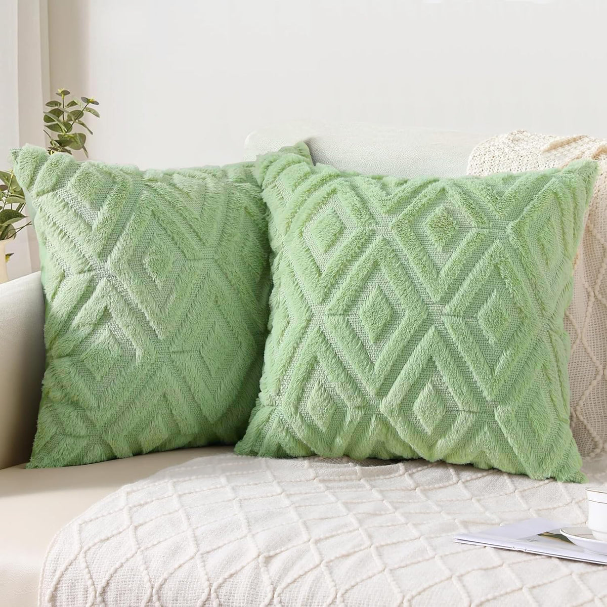 Pallene Fall Cream White Faux Fur Throw Pillow Covers 18x18 Set of 2