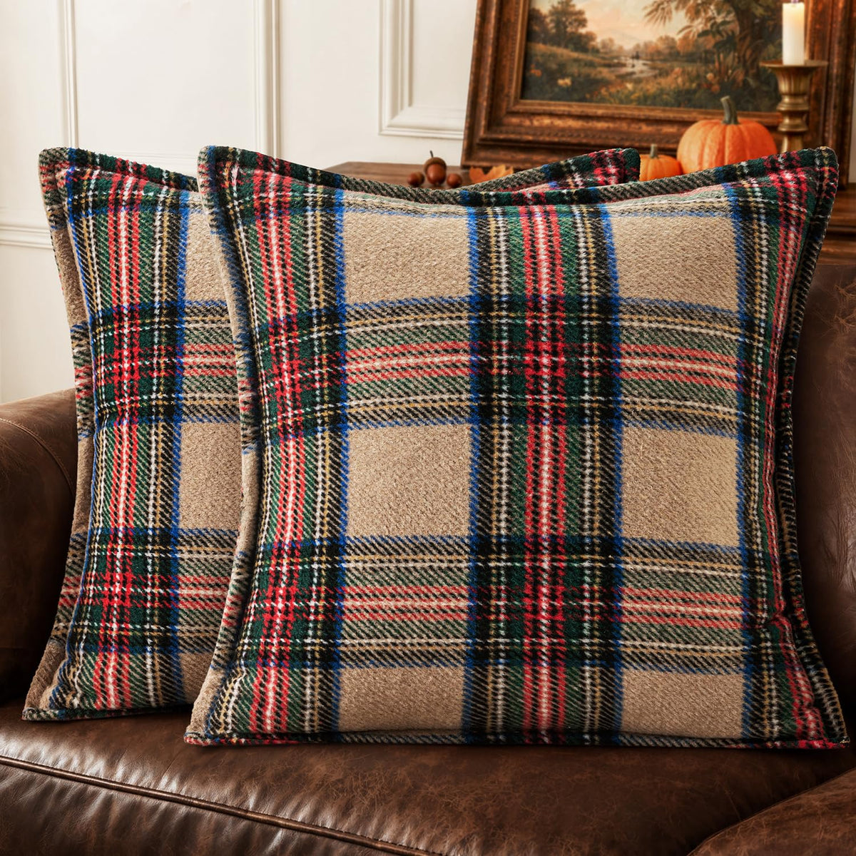 MIULEE Fall Plaid Pillow Covers 18x18 Khaki Fall Decorations for Home