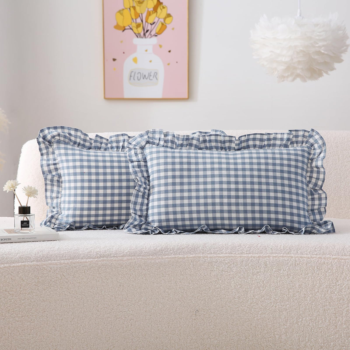 2 Pack Taupe White Gingham Ruffle Throw Pillow Covers 18''x18''