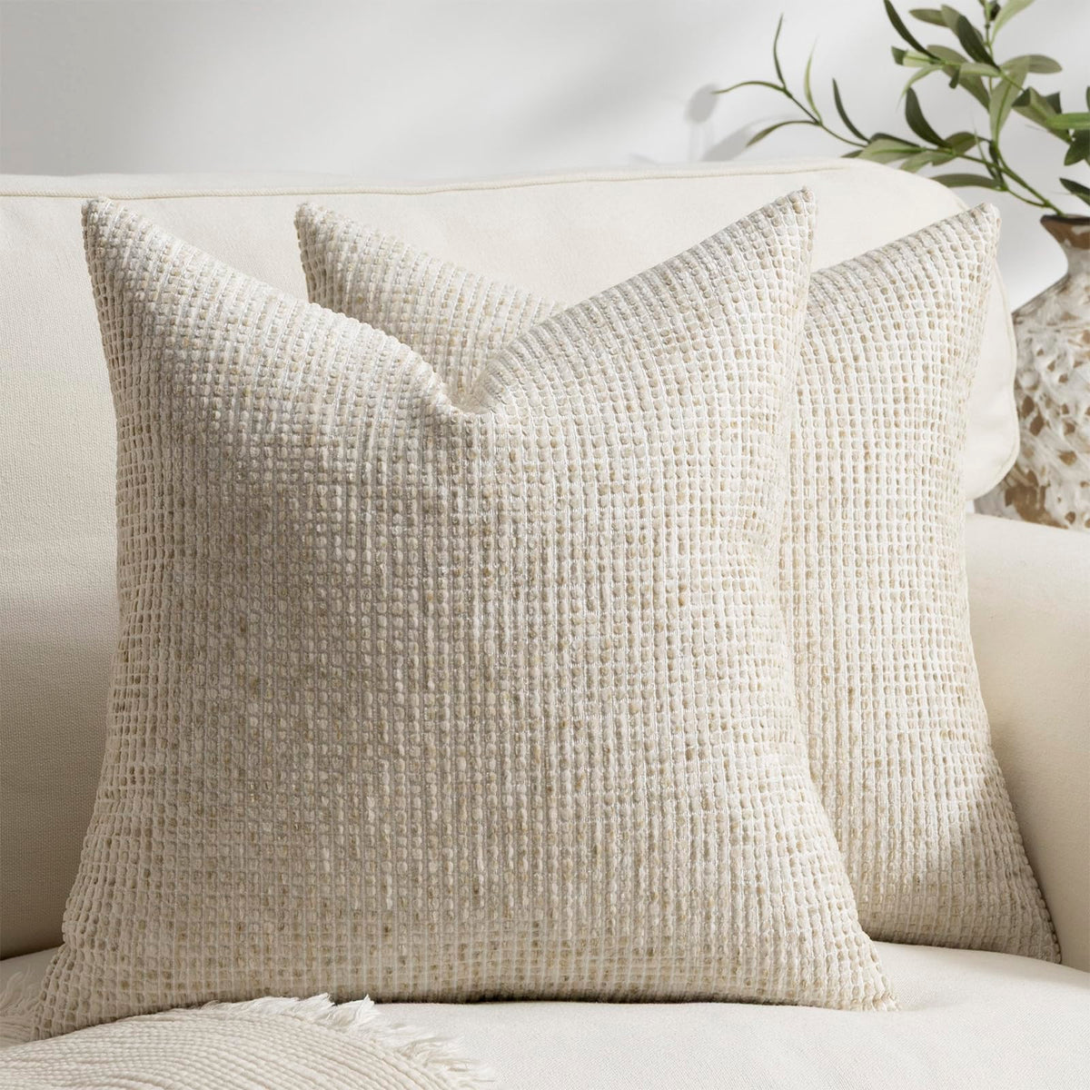 Pack of 2 Neutral Throw Pillow Covers 18x18 Boho Textured Dots Stripe Chenille Square Decorative Pillow Cases Accents for Living Room Couch Bed Farmhouse Home Decor, Taupe