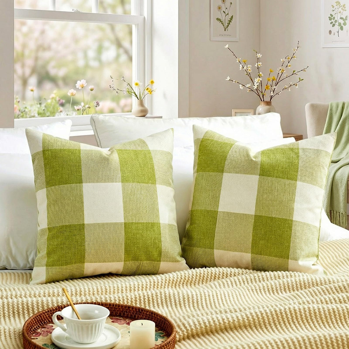 Brown Plaid Farmhouse Checkered Throw Pillow Cover 20x20 for Bed Couch Sofa