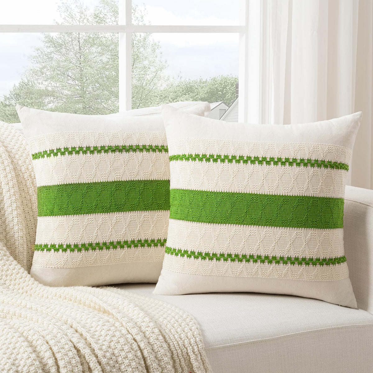 Fancy Homi Set of 2 Boho Olive Green Decorative Throw Pillow Cover 18x18 Inch for Couch Bed Sofa, Aesthetic Modern Organic Farmhouse Home Decor, Soft Cotton Cute Accent Macrame Woven Cushion Case